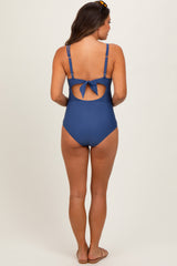Blue Scalloped V-Neck Back Tie Cutout Maternity One Piece Swimsuit