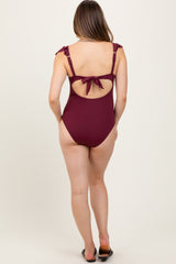 Burgundy Ribbed Front Tie Cutout Ruched Maternity Swimsuit