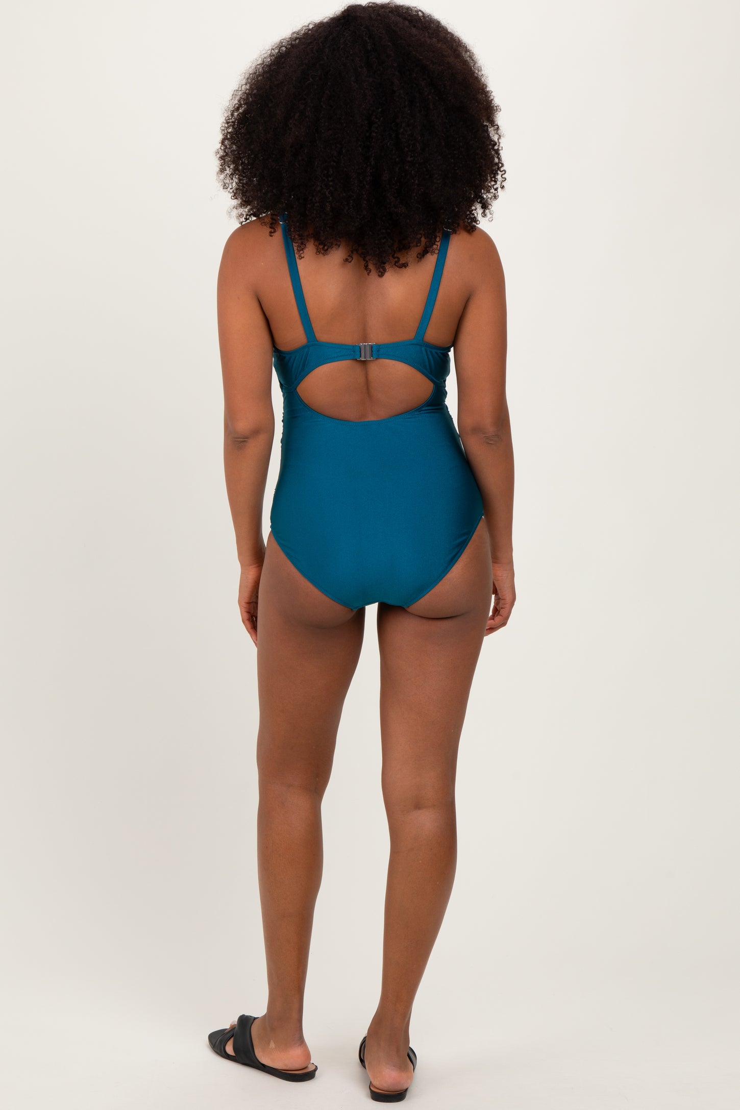 Teal Ruched Sides Front Cutout One Piece Swimsuit