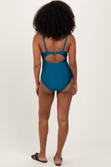 Teal Ruched Sides Front Cutout One Piece Swimsuit