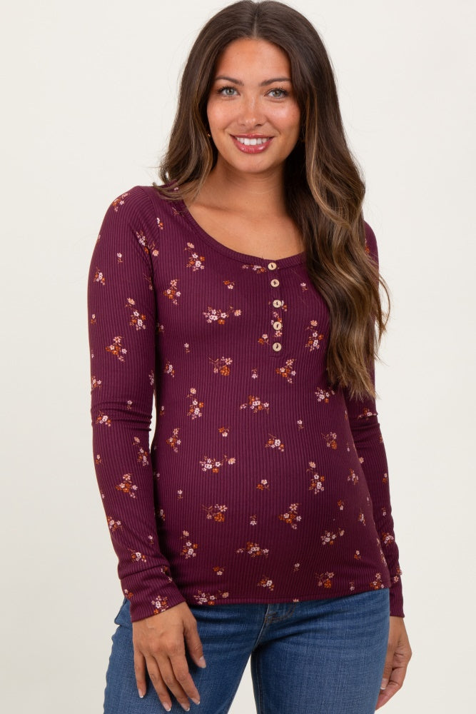 Plum Floral Henley Long Sleeve Maternity Top
