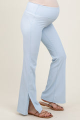 Light Blue Ribbed Split Flare Maternity Leggings