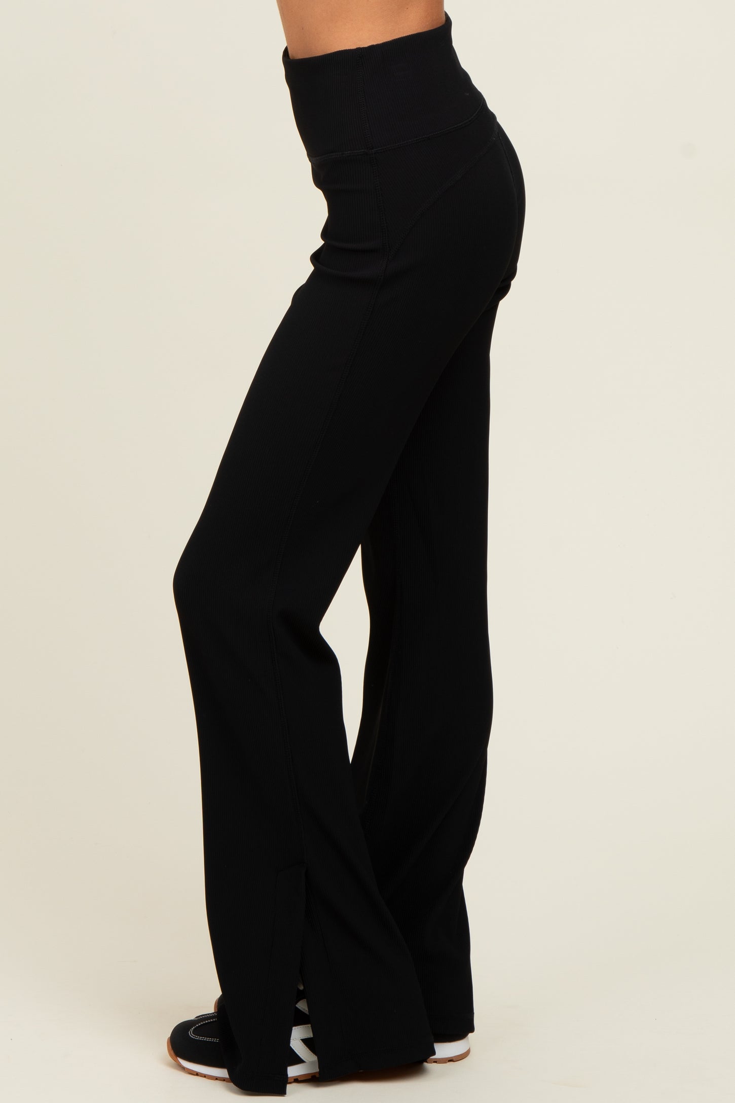 Black Ribbed Split Flare Leggings