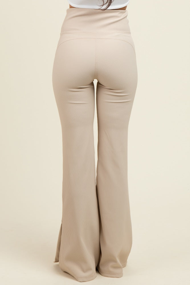 Cream Ribbed Split Flare Leggings