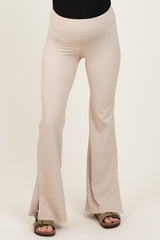 Cream Ribbed Split Flare Maternity Leggings