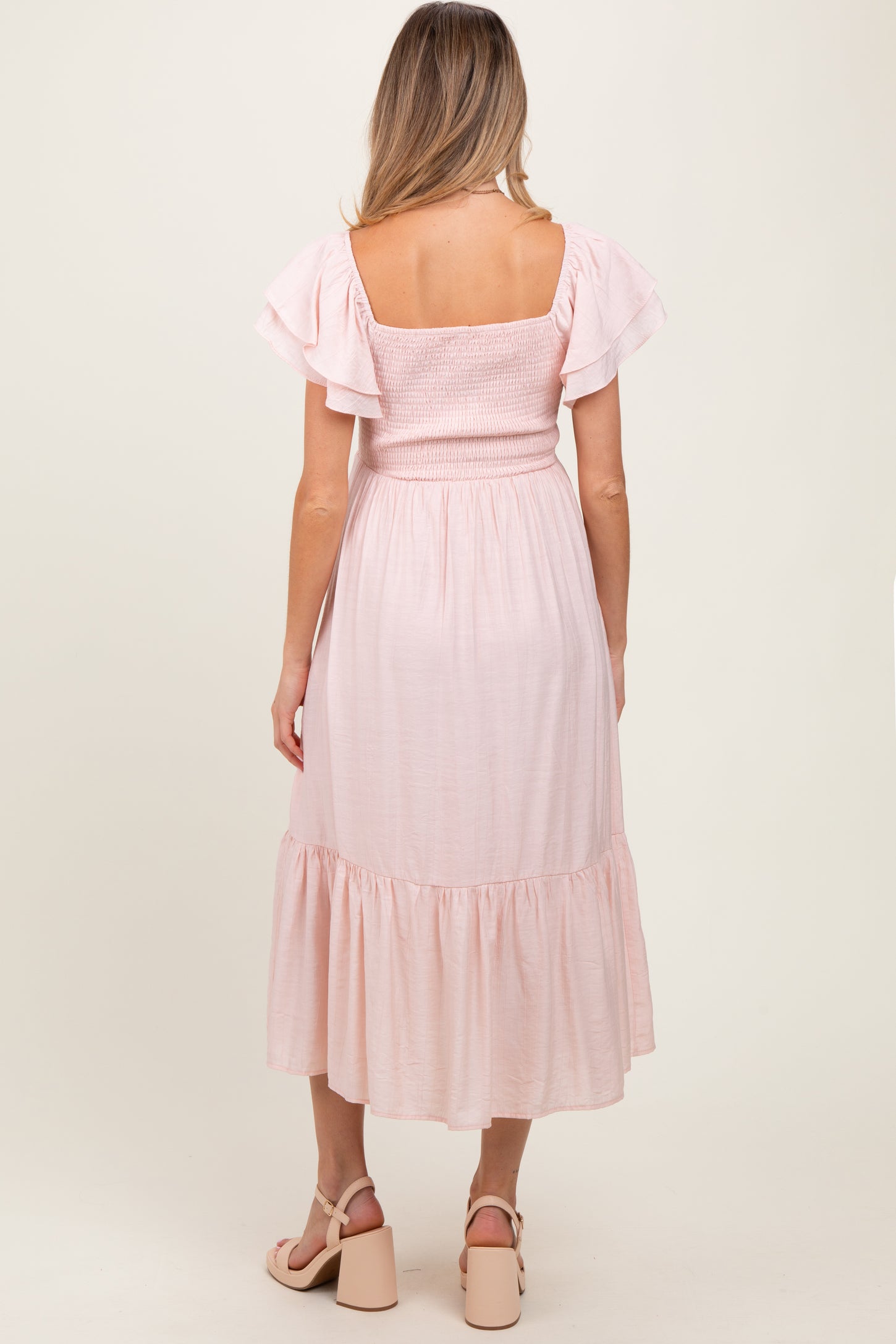 Light Pink Flutter Sleeve Maternity Midi Dress