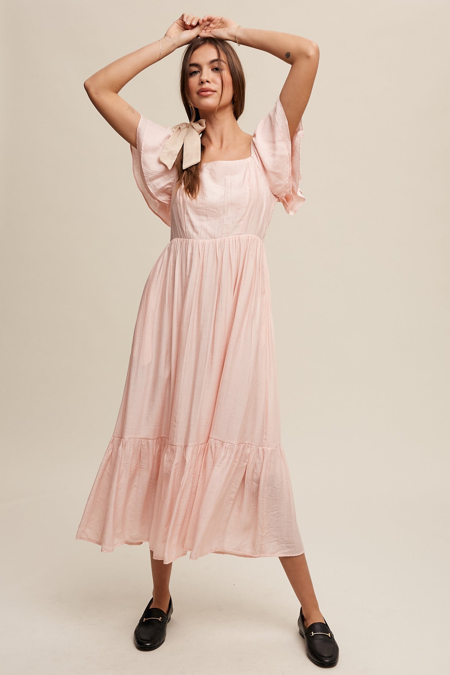 Light Pink Flutter Sleeve Midi Dress