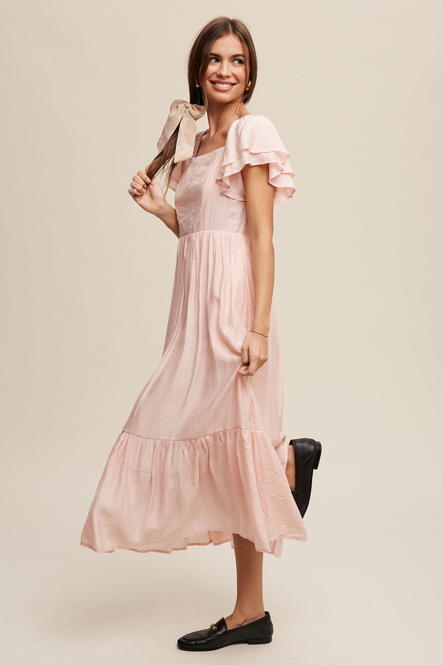Light Pink Flutter Sleeve Midi Dress