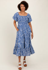 Blue Leaf Print Smocked Maternity Midi Dress