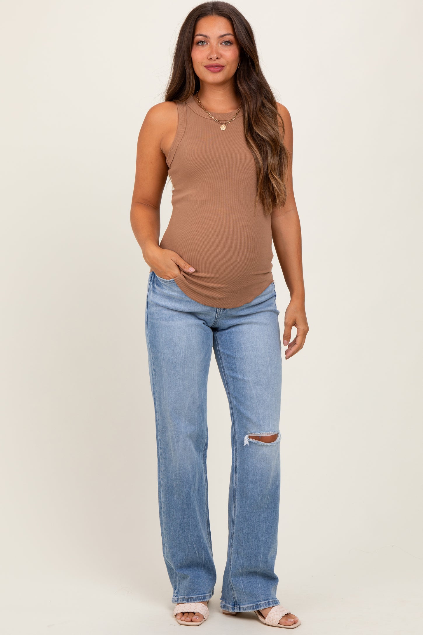 Light Blue Distressed Knee Slim Fit Wide Leg Maternity Jeans