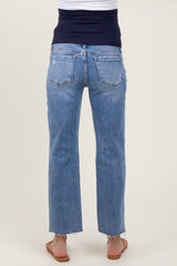 Blue Cropped Raw Hem Straight Leg Maternity Jeans