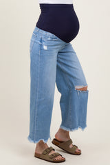 Light Blue Distressed Hem Open Knee Cropped Wide Leg Maternity Jeans