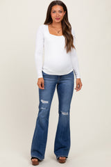 Navy Blue Distressed Maternity Flare Jeans