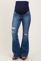 Navy Blue Distressed Maternity Flare Jeans