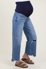 Blue Distressed Fringe Open Knee Cropped Wide Leg Maternity Jeans
