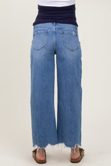Blue Distressed Fringe Open Knee Cropped Wide Leg Maternity Jeans