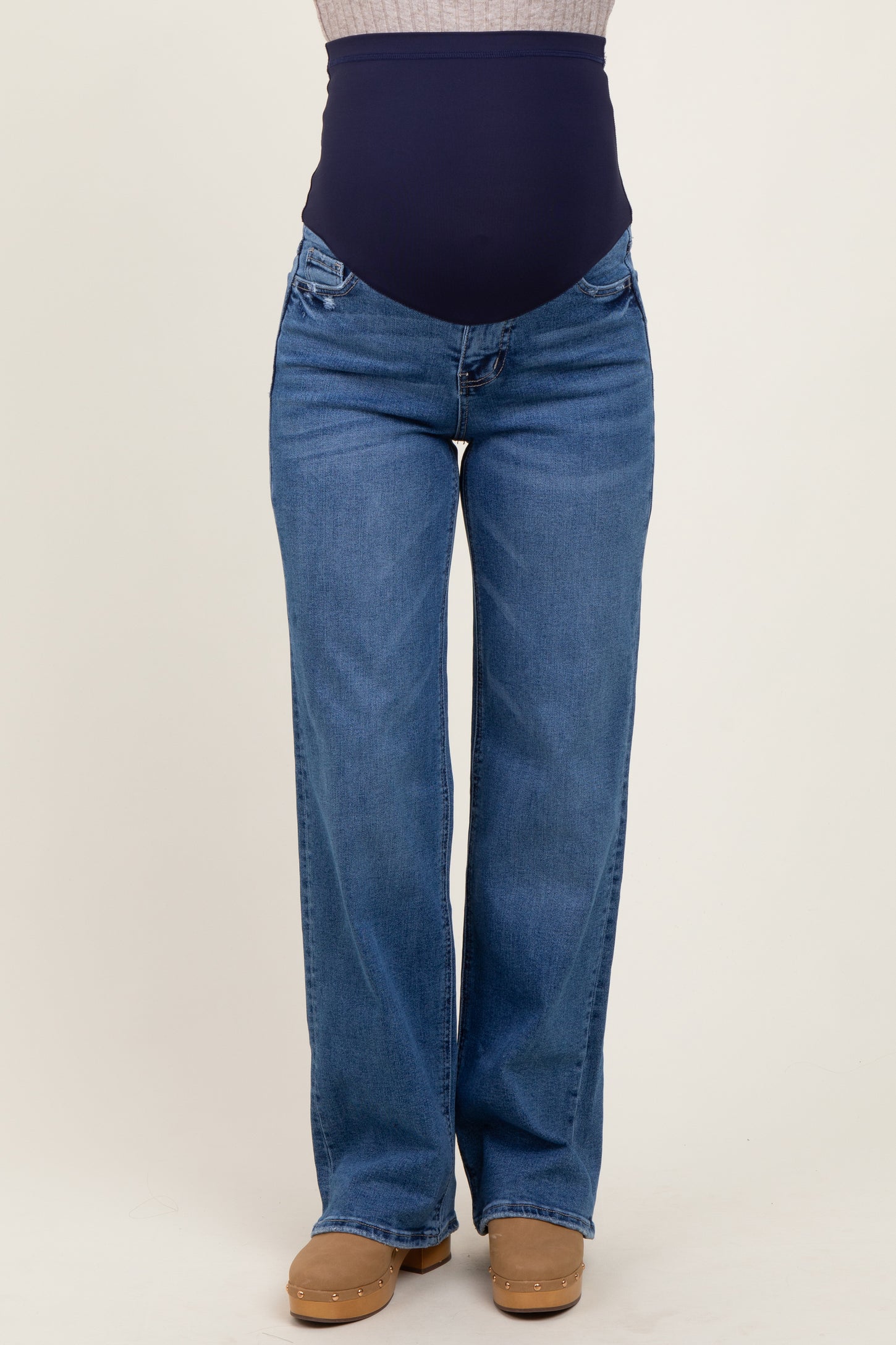 Navy Blue Classic Wash Wide Leg Maternity Jeans