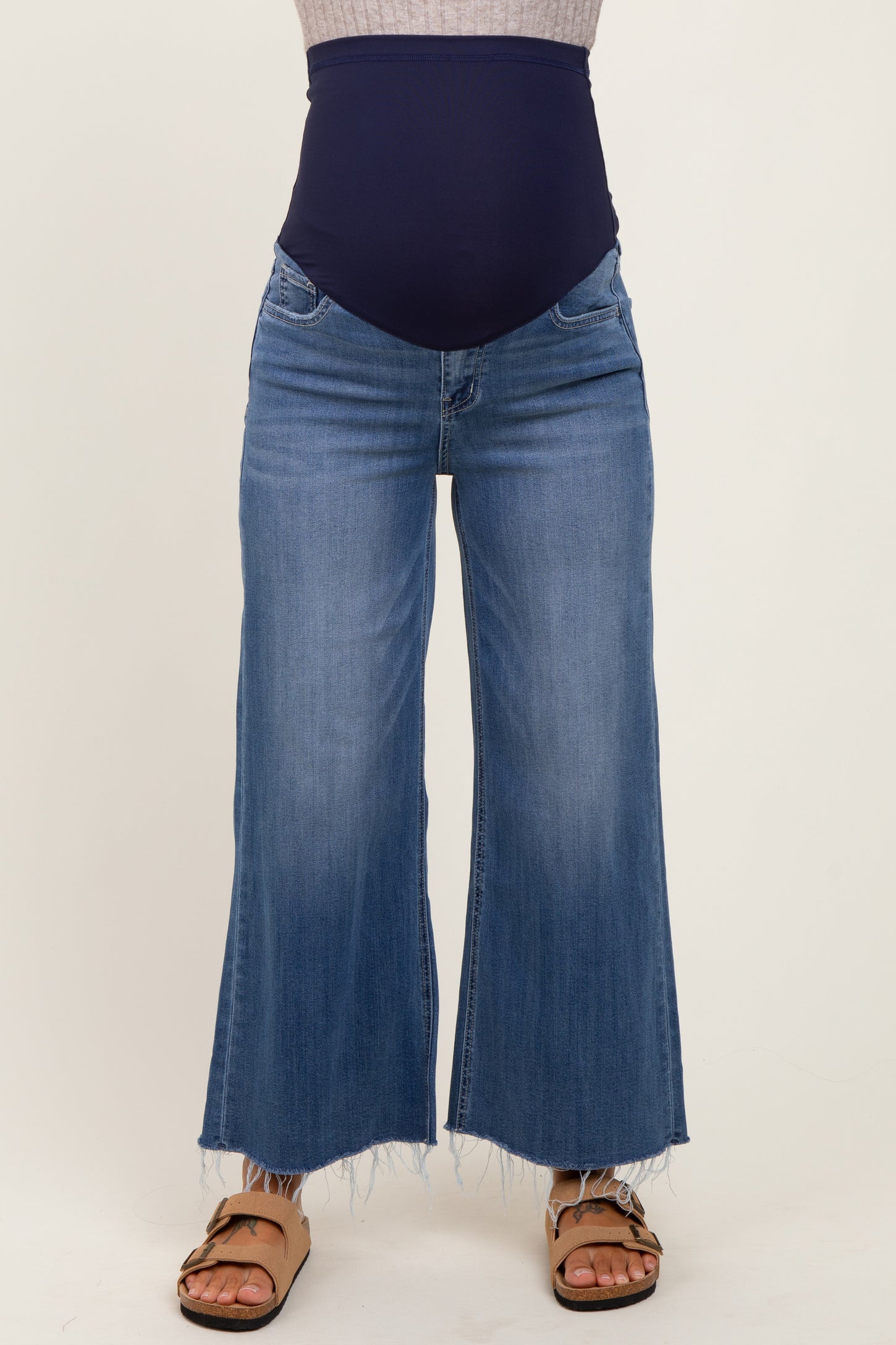 Blue Raw Hem Cropped Wide Leg Maternity Jeans