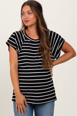 Black Stripe Ribbed Short Sleeve Maternity Tunic Top
