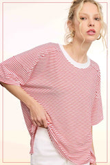 Red Striped Drop Shoulder Short Sleeve Maternity Top