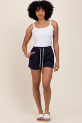 Navy Drawstring Chevron Embroidered Shorts