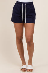 Navy Drawstring Chevron Embroidered Shorts