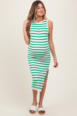 Green Striped Knit Sleeveless Side Slit Maternity Midi Dress