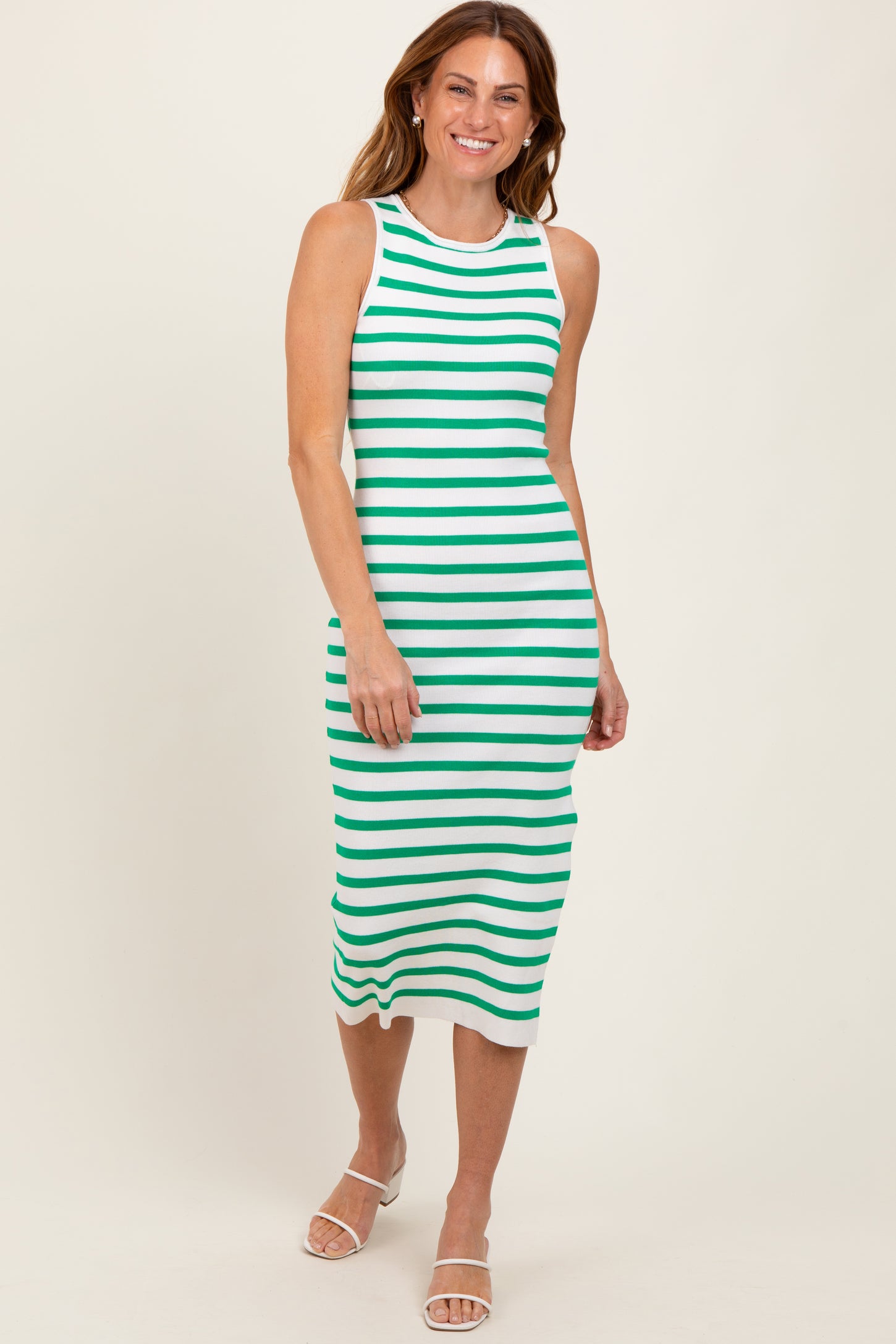 Green Striped Knit Sleeveless Side Slit Midi Dress