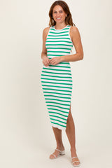 Green Striped Knit Sleeveless Side Slit Midi Dress