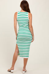 Green Striped Knit Sleeveless Side Slit Midi Dress