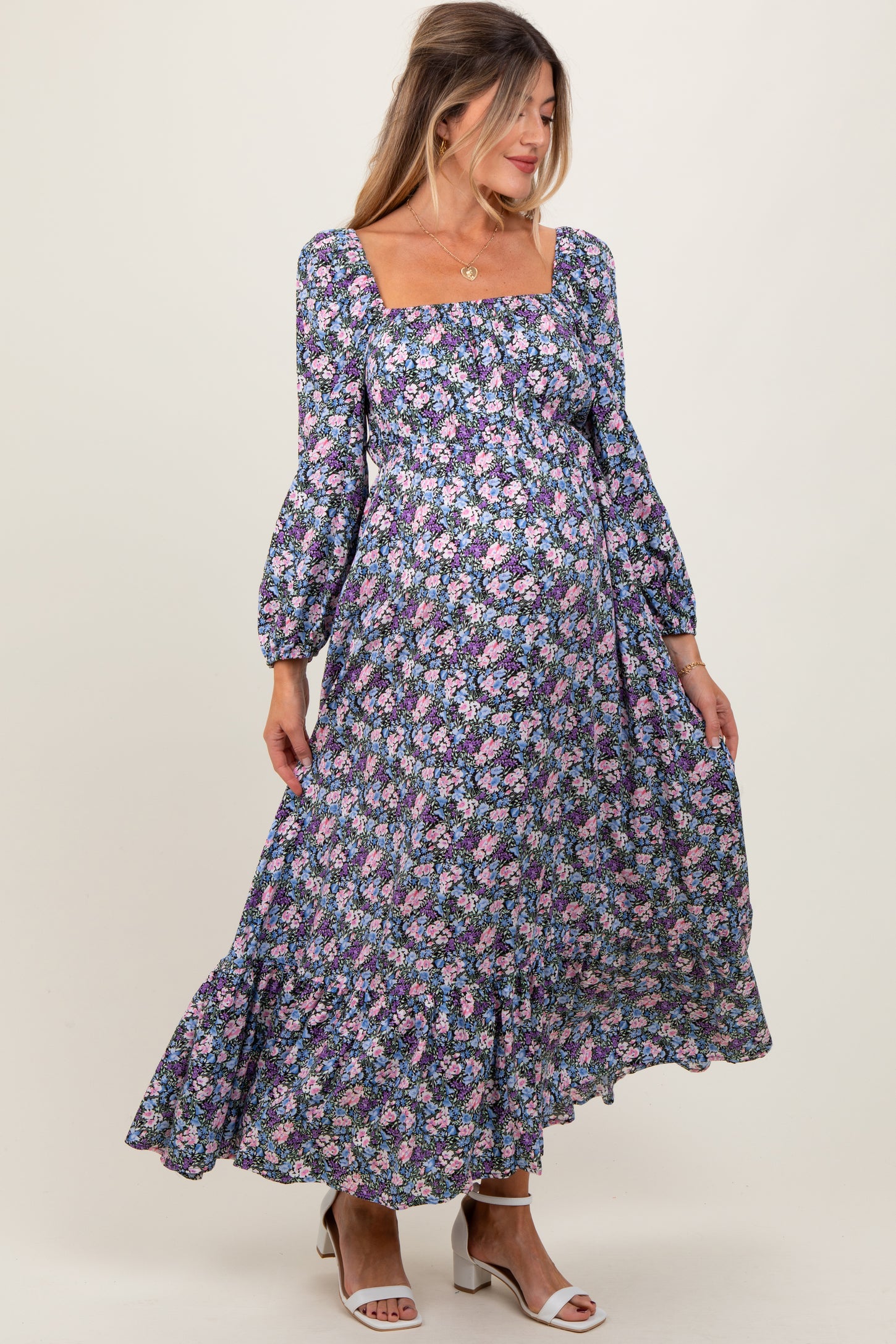 Blue Floral Reversible Long Sleeve Maternity Maxi Dress