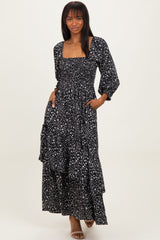 Black Floral Asymmetrical Ruffle Hem Maxi Dress