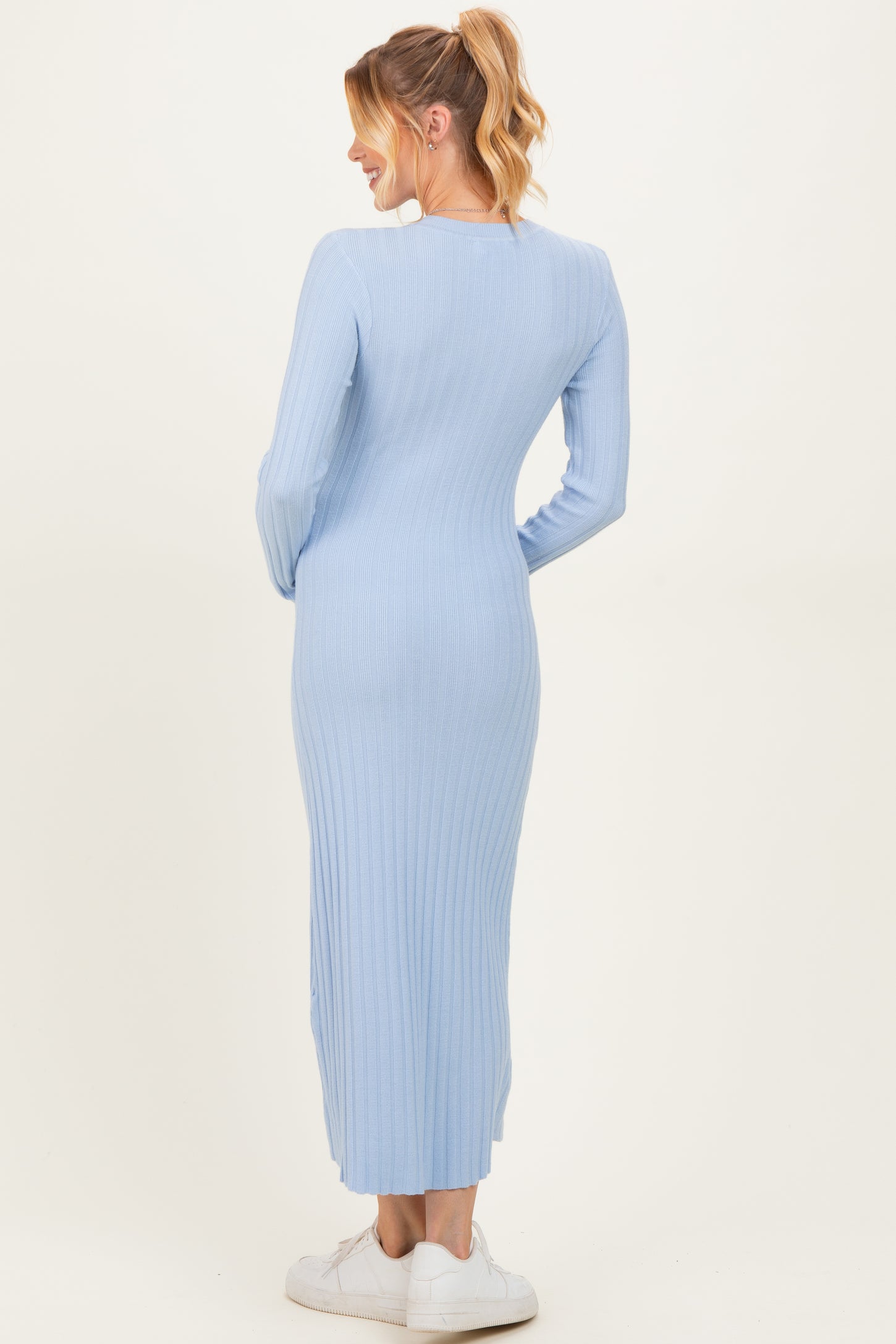 Light Blue Ribbed Knit Fitted Maternity Midi Sweater Dress