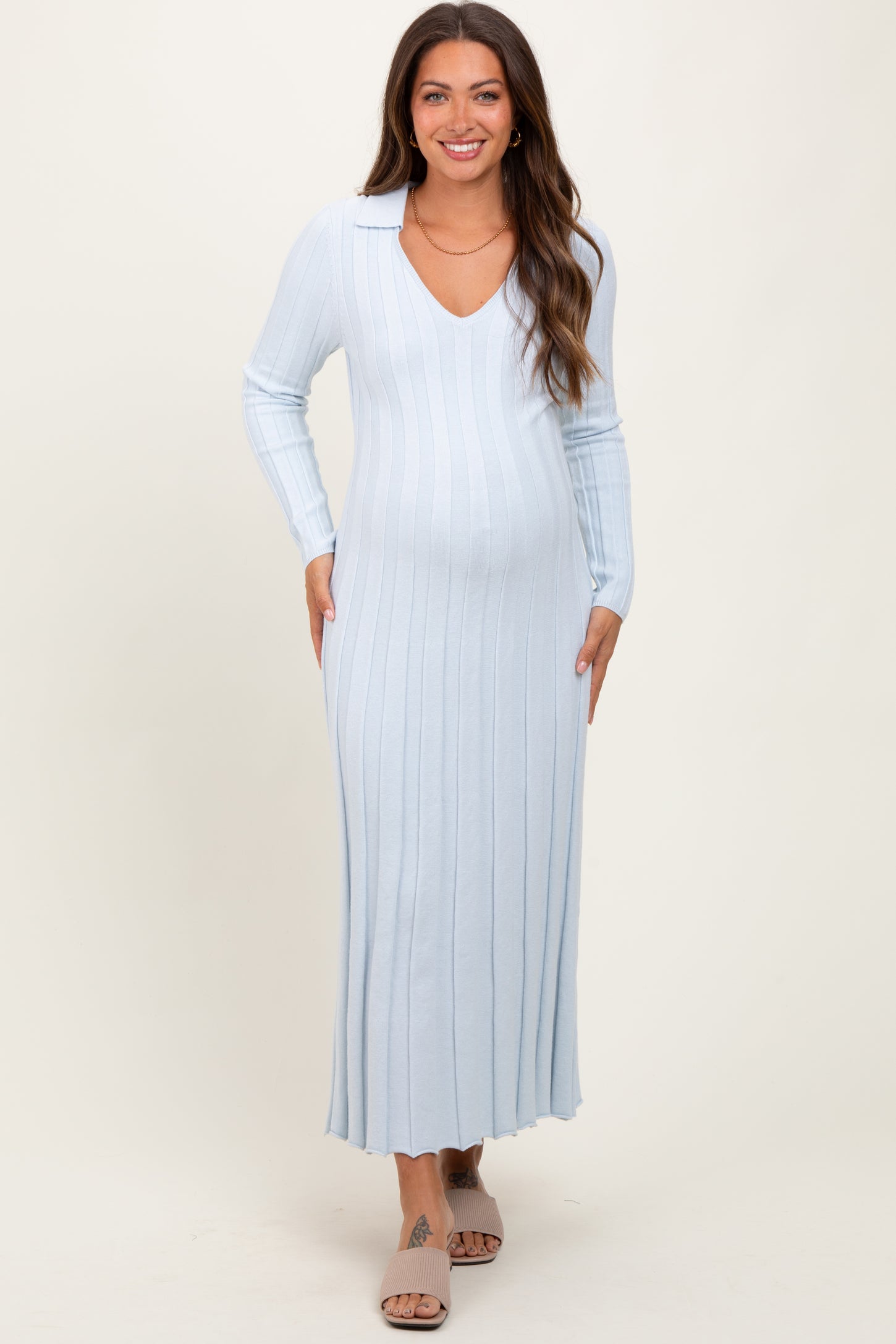 Light Blue Wide Ribbed Knit Collared Maternity Midi Dress