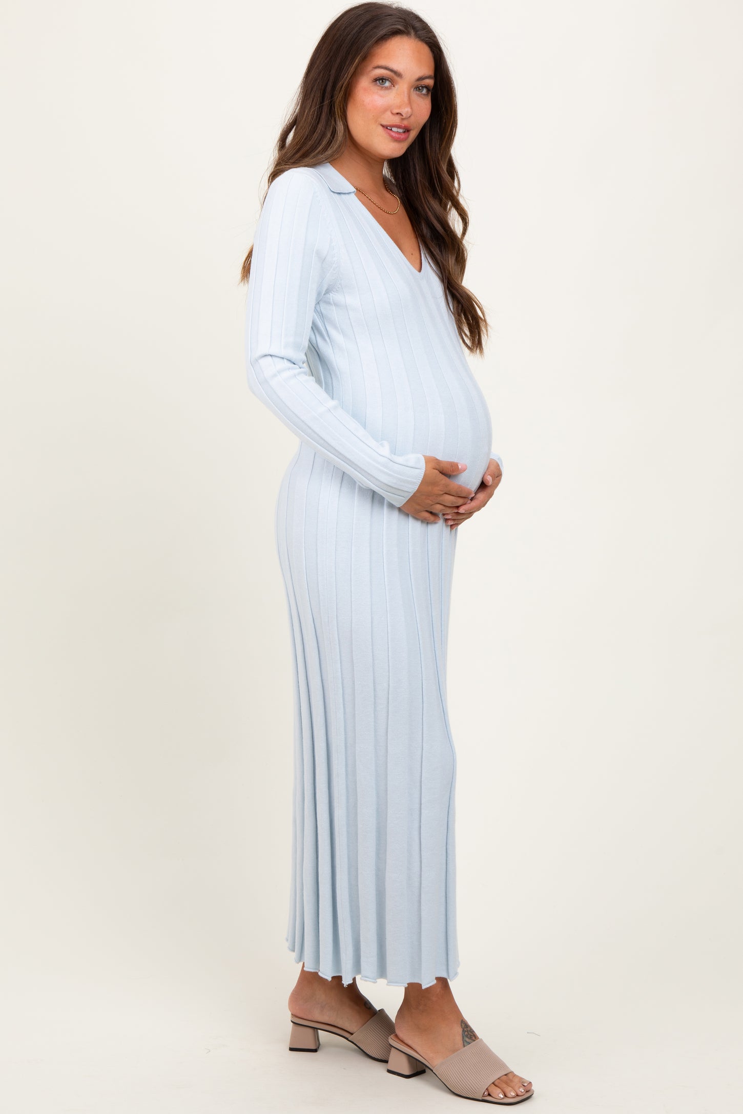 Light Blue Wide Ribbed Knit Collared Maternity Midi Dress