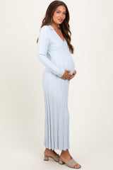 Light Blue Wide Ribbed Knit Collared Maternity Midi Dress