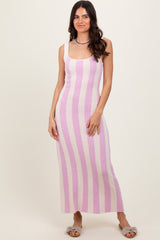 Pink Striped Terry Knit Sleeveless Midi Dress