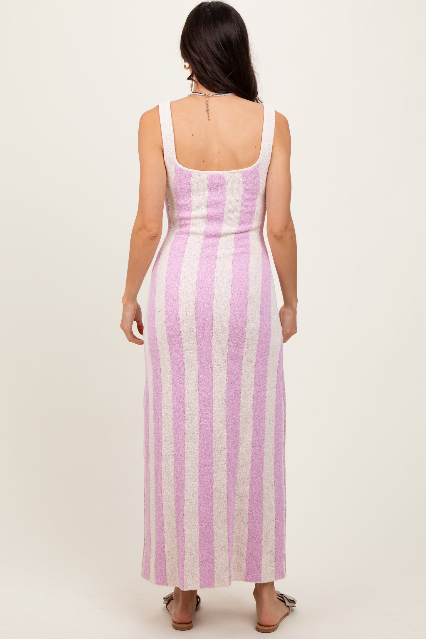 Pink Striped Terry Knit Sleeveless Midi Dress