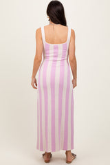 Pink Striped Terry Knit Sleeveless Midi Dress