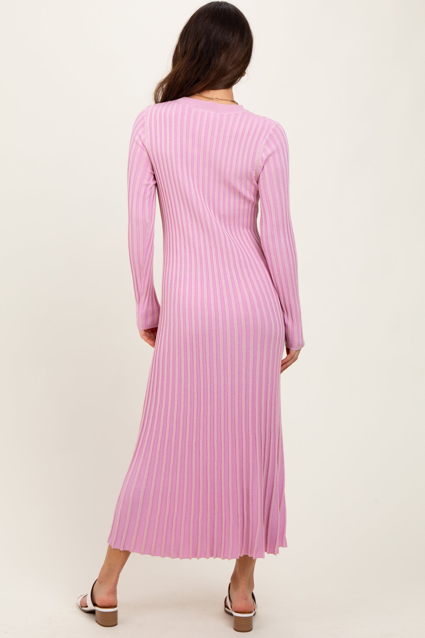 Pink Thick Ribbed Knit Maxi Sweater Dress