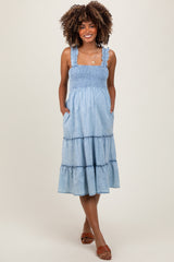 Light Blue Chambray Smocked Ruffle Tiered Maternity Midi Dress