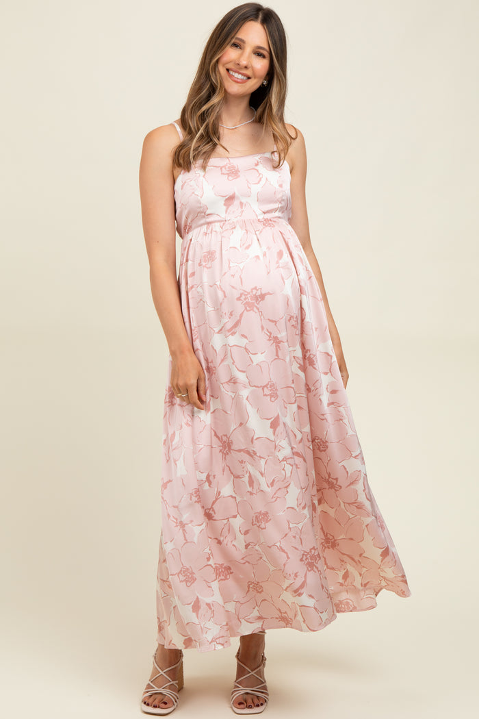 Pink Floral Sleeveless Maternity Maxi Dress