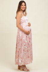 Pink Floral Sleeveless Maternity Maxi Dress