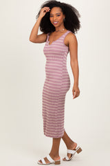 Mauve Stripe Ribbed Sleeveless V Neck Maxi Dress