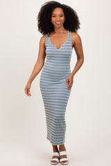Light Blue Stripe Ribbed Sleeveless V Neck Maternity Maxi Dress