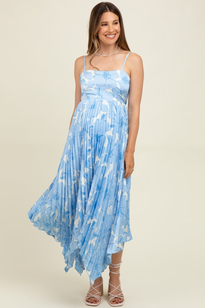 Blue Floral Woven Pleat Skirt Maternity Maxi Dress