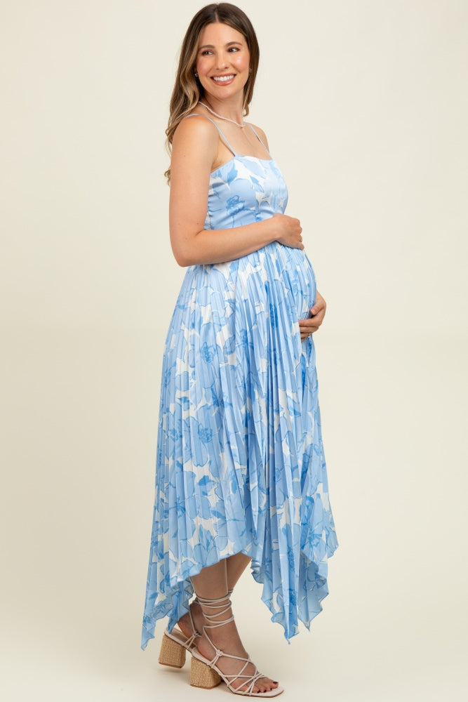 Blue Floral Woven Pleat Skirt Maternity Maxi Dress
