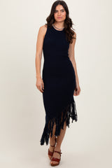 Navy Ribbed Knit Fringe Asymmetrical Hem Dress