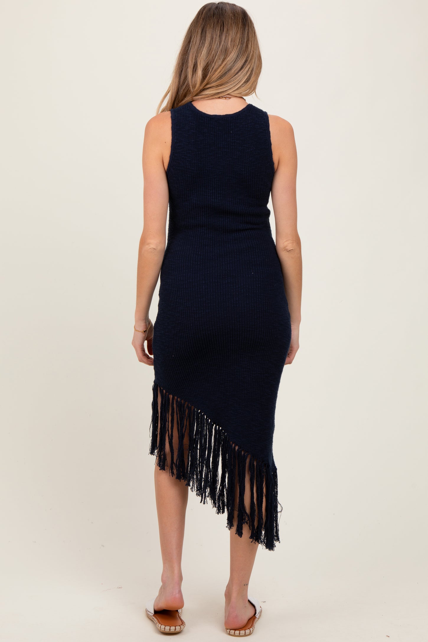 Navy Ribbed Knit Fringe Asymmetrical Hem Maternity Dress