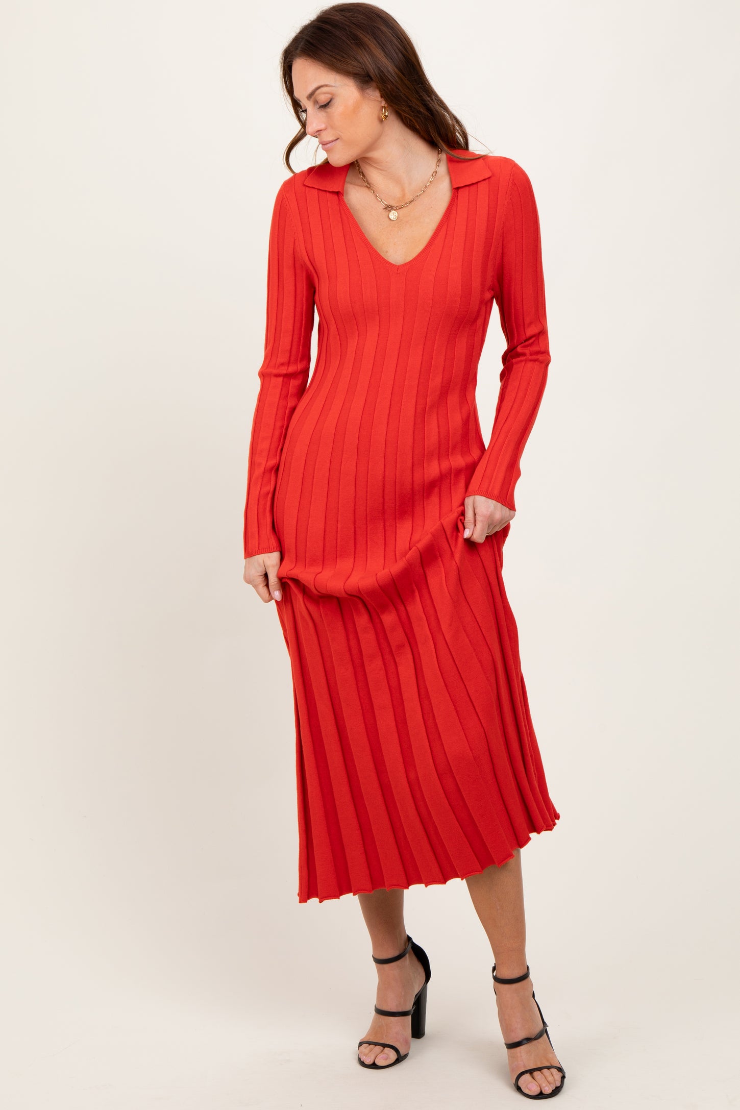 Red Wide Ribbed Knit Collared Midi Dress
